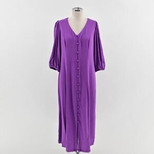 J Jill Linen Midi Dress Size S Purple‎ Puff Sleeve Boho Lagenlook Button Front